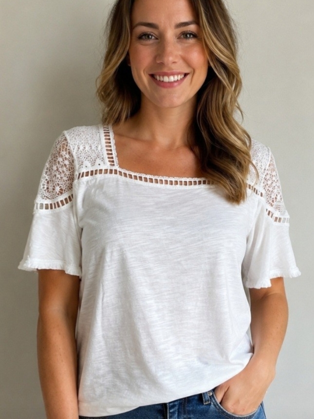Suzanne Betro Weekend White Flounce Sleeve Lace Accent Square Neck Top Size XL